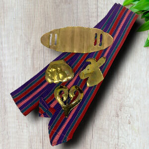 4 x Vintage 1980's Brutalist Hammered Brass Belt Buckles + Woven Fabric Belt